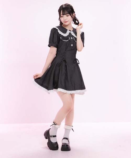 DearMyLoveRose 丸襟デニムフレアワンピース ライトブルー 3L DearMyLoveRose ワンピース 丸襟デニムフレアワンピース「大きい