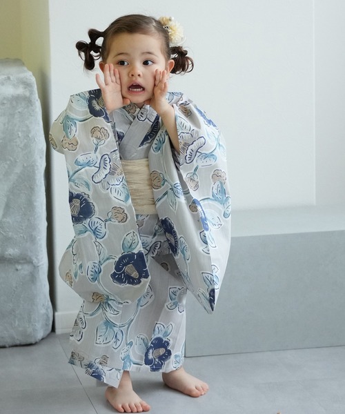utatane 浴衣 キッズ浴衣3点セット 薄グレーに椿唐草 キッズ 子供 
