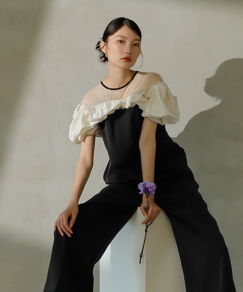 Kana パンツドレス リボンジャガード バイカラー オールインワンパンツ