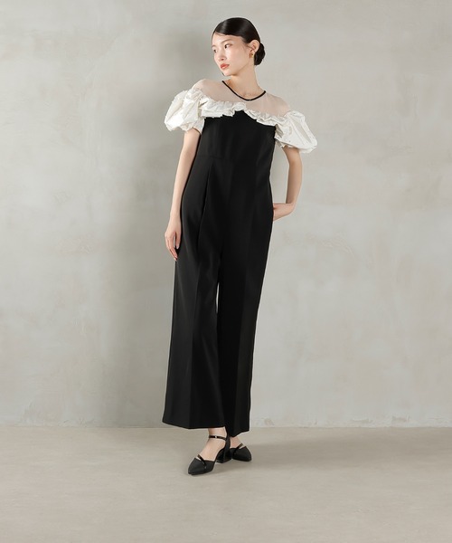 Kana パンツドレス リボンジャガード バイカラー オールインワンパンツ