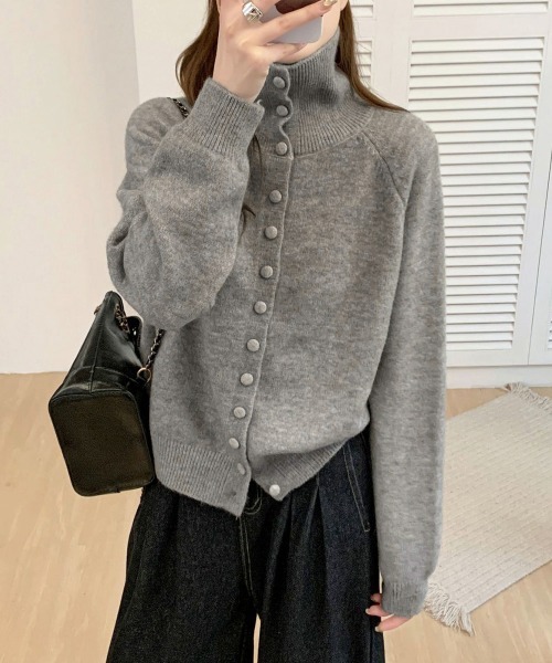 Amomento グレー ハイネック ニットカーディガン Amomento グレー ハイネック ニットカーディガン レディース