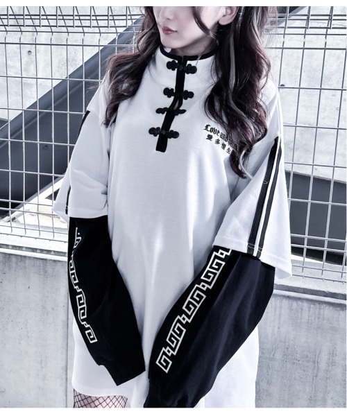 「JOHN'S CLOSET」 長袖カットソー LARGE ホワイト×ブラック レディース_画像9