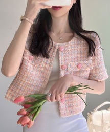 ストライプ柄 ノーカラー半袖ジャケット ジャケット ノーカラージャケット ファンシーチェックノーカラー半袖