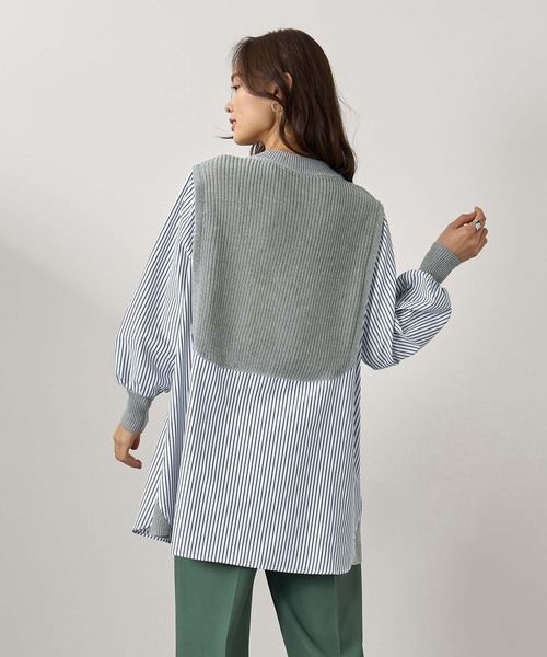 BELLUNA PLUS チュニック ニット×ストライプ切替フレアーチュニック