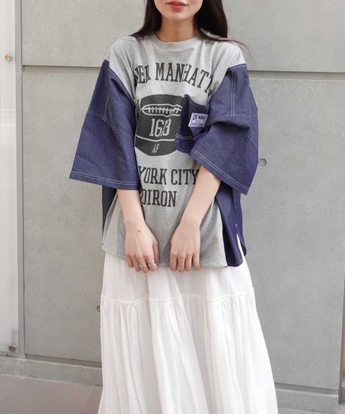 CORNERS tシャツ デニムドッキングカレッジロゴオーバーサイズT