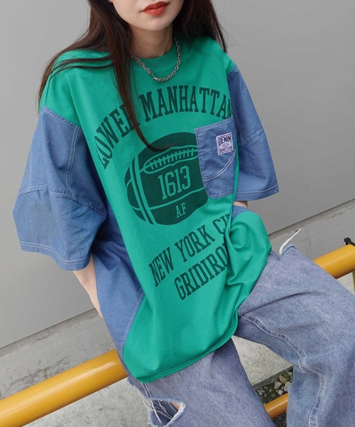 Jeans カレッジロゴ オーバーサイズ Tシャツ 送関込 CORNERS tシャツ デニムドッキングカレッジロゴオーバーサイズT