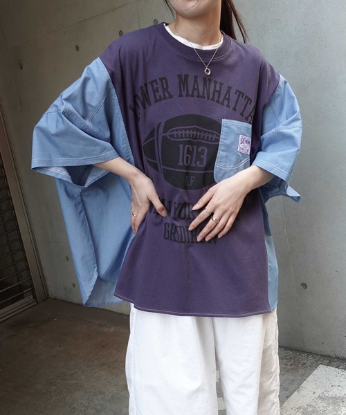 CORNERS tシャツ デニムドッキングカレッジロゴオーバーサイズT
