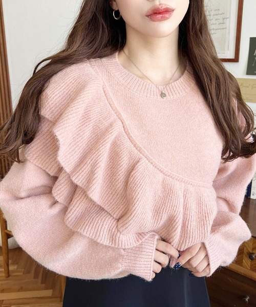 Sono - 21aw sono ペールベージュ　チアフルフリルハイブリッドニットプルオーバー Sono - 21aw sono ペールベージュ チアフルフリルハイブリッド