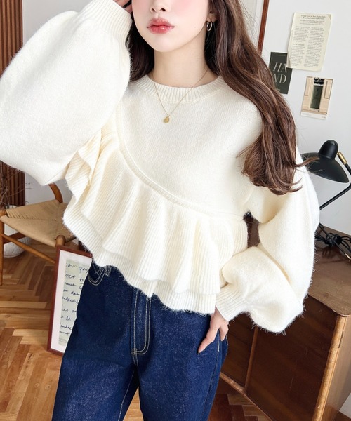 moment+ ニット セーター アシメフリルもちもちニットプルオーバー