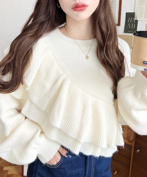 moment+ ニット セーター アシメフリルもちもちニットプルオーバー