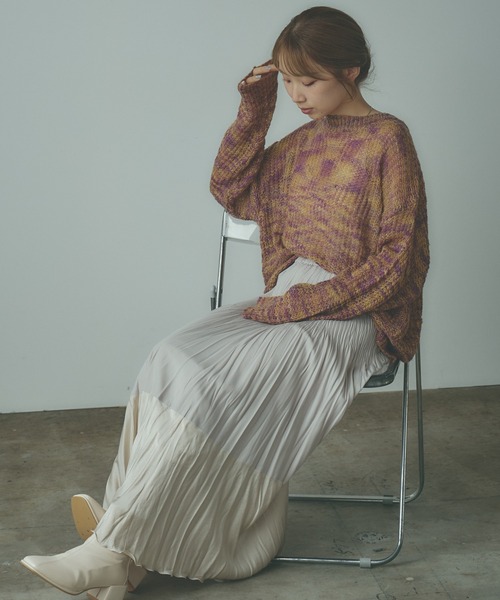 ニット セーター MIXカラーショート丈透かし編みニット レディース AO2 ニット セーター Mixed color knitwear / MIXカラー透かし