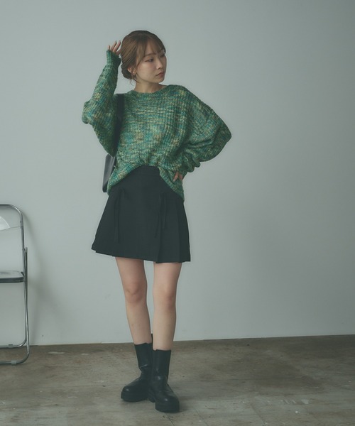 ニット セーター MIXカラーショート丈透かし編みニット レディース AO2 ニット セーター Mixed color knitwear / MIXカラー透かし