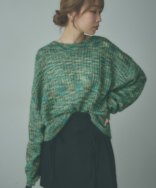ニット セーター MIXカラーショート丈透かし編みニット レディース AO2 ニット セーター Mixed color knitwear / MIXカラー透かし