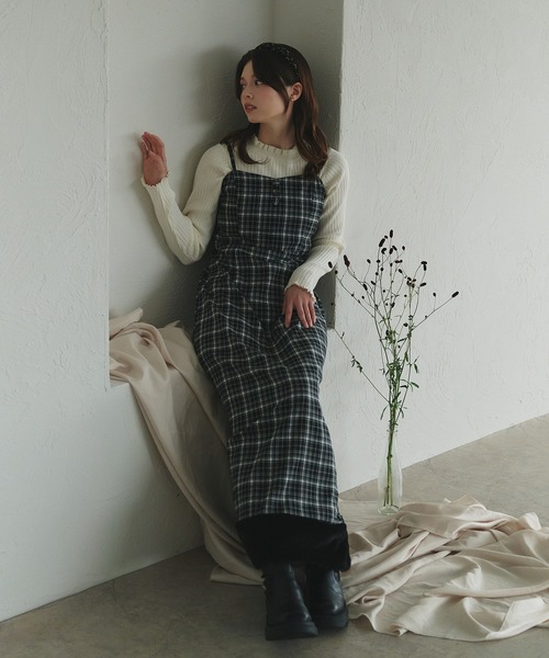 fupel ショルダーリボンチェックミニキャミワンピース ブラウン fupel ワンピース shoulder ribbon check mini cami onepiece