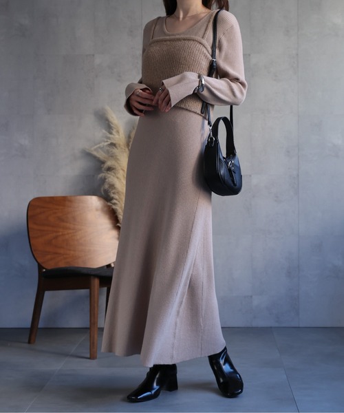 【美品】ルネ ニットワンピース ライトブルー 切り替えギャザー Aライン sakishimatokyo ワンピース 「SET商品」ラメビスチェ付き A
