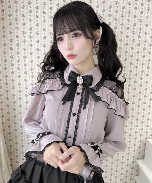 ROJITA ブラウス シャツ 肩レーシーフリル切替ブラウス