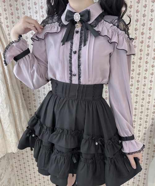 ブラウス シャツ 袖フリル切り替えブラウス レディース ROJITA ブラウス シャツ 肩レーシーフリル切替ブラウス