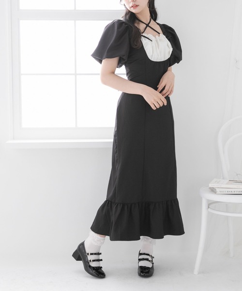 ヨークフリルバルーンスリーブマーメイドワンピース　DearMyLoveRose ヨークフリルバルーンスリーブマーメイドワンピース【大きい