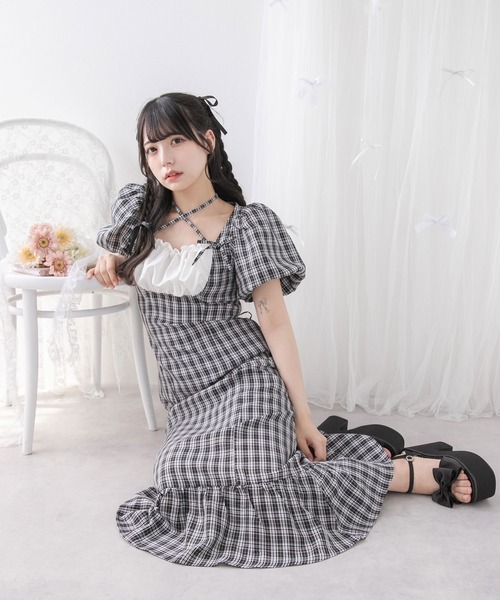 ハンドメイド　大きな襟のヨーク切り替えフリルティアードパフスリーブワンピース DearMyLoveRose（ディアマイラブローズ） ワンピース 夏 半袖 ヨーク
