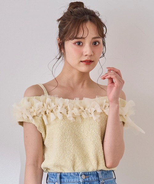 ニット セーター 2025春夏新作 クロシェライクオフショルリボンニット レディース 31 Sons de mode ニット セーター 2025春夏新作 クロシェライク