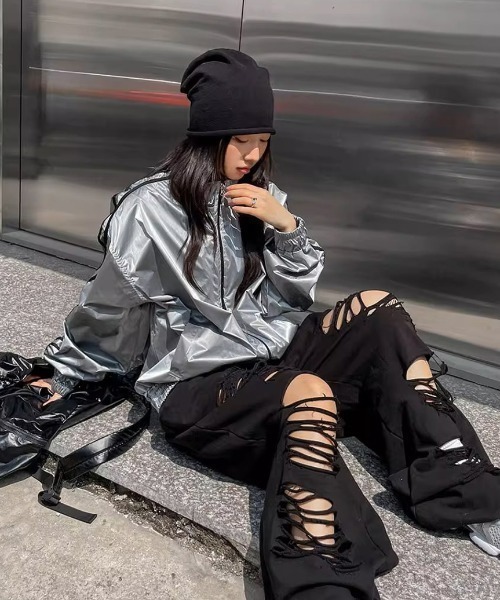 x1oa ダメージスウェットパンツ　黒 KOM（ドットコム） スウェットパンツ ジャージ A'GEM/9 × 「.KOM