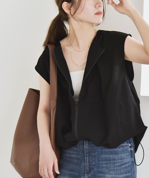 tシャツ quaranciel:「手洗い可能」カット ジョーゼット ドロスト ジップ ベスト レディース