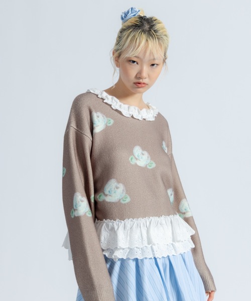 アンティーク薔薇モチーフ付綿ニットセーター 長袖 カネコイサオ monepine ニット セーター lace lace rose knit／レース薔薇ニット