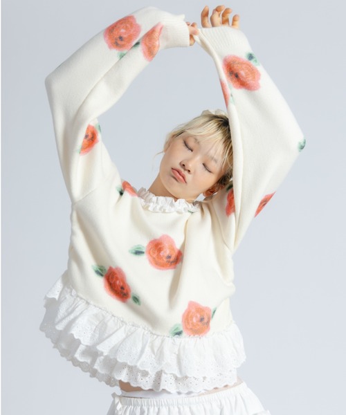 monepine ニット セーター lace lace rose knit／レース薔薇ニット