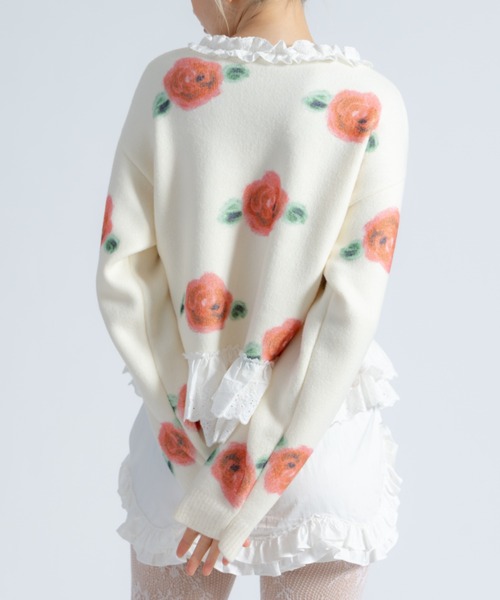 アンティーク薔薇モチーフ付綿ニットセーター 長袖 カネコイサオ monepine ニット セーター lace lace rose knit／レース薔薇ニット