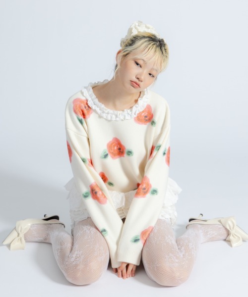 monepine ニット セーター lace lace rose knit／レース薔薇ニット