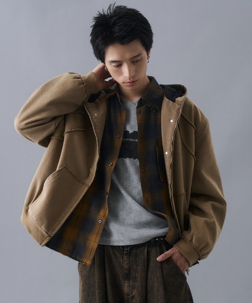 【希少レア】短丈 ダブルジップ パーカー クレイジーパターン 茶色 黒 ADAMASTE（アダマスト）の「double zip short hoodie - ダブルジップ