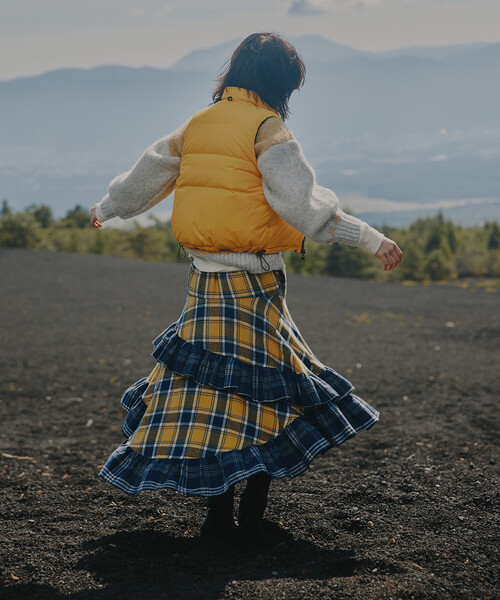 美品♪フリーダ チェック フリル フレア ティアードスカート レッド系 Freada（フリーダ）の「Freada/フリーダ チェック フリル フレア
