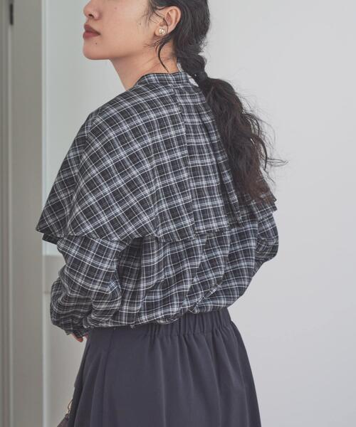 20AW アイレネ ブラウス シャツ 長袖 フリル チェック 黒 36 追加》BLACK フリルチェックブラウス（シャツ／ブラウス）｜IENA
