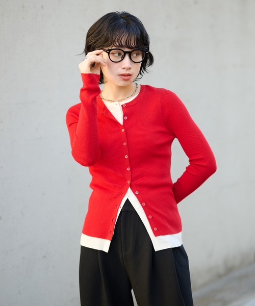 カーディガン bicolor layered knit cardigan /配色レイヤード長袖 