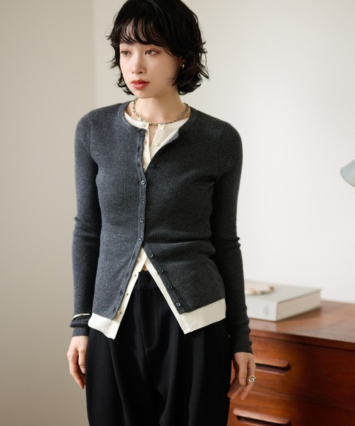 カーディガン bicolor layered knit cardigan /配色レイヤード長袖