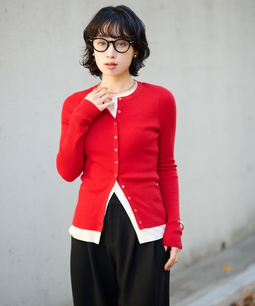 カーディガン bicolor layered knit cardigan /配色レイヤード長袖