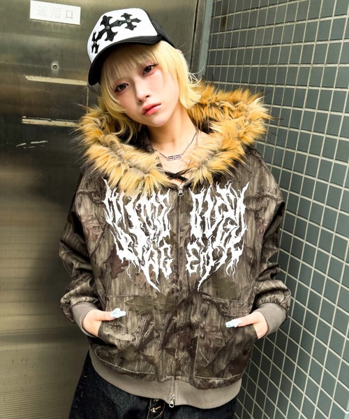 A'gem（エージェム） パーカー A'GEM/9 × .kom 迷彩ファー付ジップ