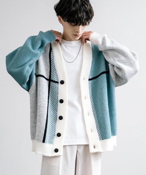 「Rocky Monroe」 「cathy’s closet」ニットカーディガン M ホワイト×ライトグレー メンズ_画像2