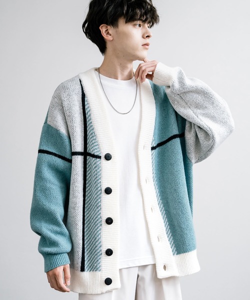 「Rocky Monroe」 「cathy’s closet」ニットカーディガン M ホワイト×ライトグレー メンズ_画像3