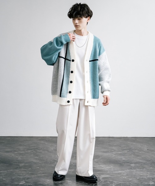 「Rocky Monroe」 「cathy’s closet」ニットカーディガン M ホワイト×ライトグレー メンズ_画像5