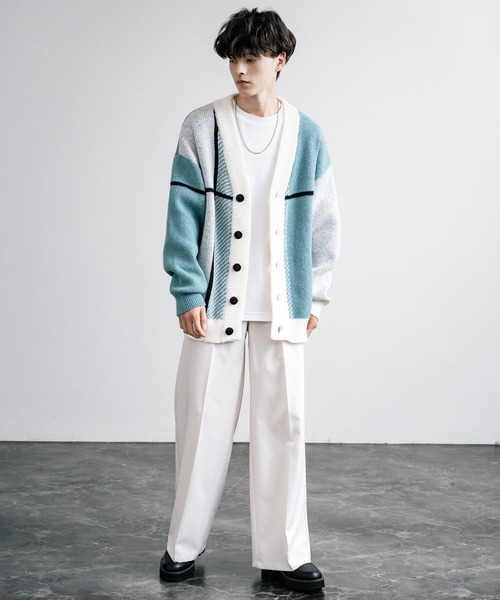 「Rocky Monroe」 「cathy’s closet」ニットカーディガン M ホワイト×ライトグレー メンズ_画像6