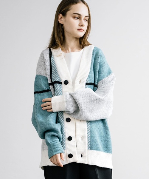 「Rocky Monroe」 「cathy’s closet」ニットカーディガン M ホワイト×ライトグレー メンズ_画像7