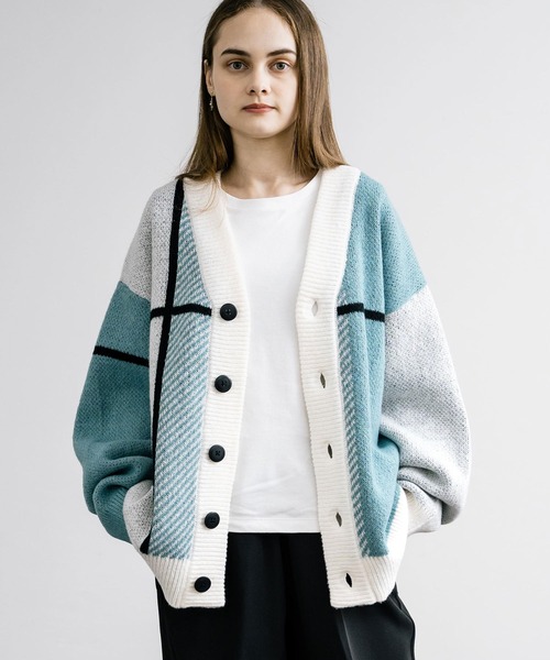 「Rocky Monroe」 「cathy’s closet」ニットカーディガン M ホワイト×ライトグレー メンズ_画像8