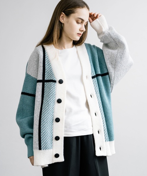 「Rocky Monroe」 「cathy’s closet」ニットカーディガン M ホワイト×ライトグレー メンズ_画像9