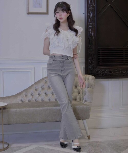 ベルシャルム　エレガントフリルレーストップス　トップグレー　タグ付き Belle Charme tシャツ 「Belle Charme」Elegant Frill Lace Tops