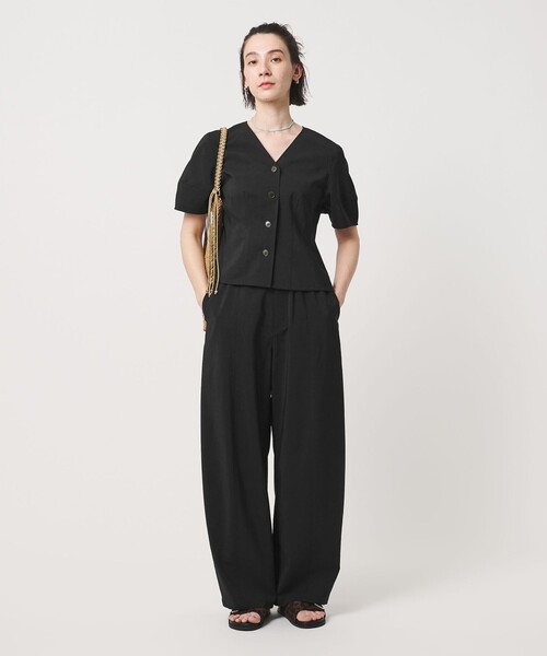 ワイドパンツ パンツ バックゴム カーブパンツ UVカット 防シワ ウォッシャブル レディースの画像