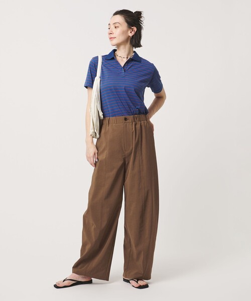 ワイドパンツ パンツ バックゴム カーブパンツ UVカット 防シワ ウォッシャブル レディースの画像