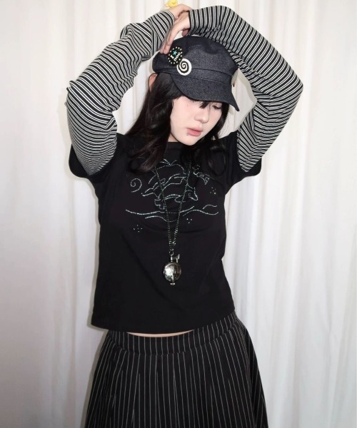 tシャツ イルカラインストーン ボーダーレイヤード風ロンT レディース