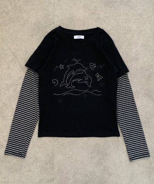 tシャツ イルカラインストーン ボーダーレイヤード風ロンT レディース