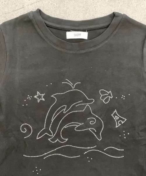 tシャツ イルカラインストーン ボーダーレイヤード風ロンT レディース
